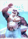  5_fingers anthro biceps biped bottomwear cetacean clothed clothing delphinoid eyewear fingers fish hybrid male mammal marine musclegut nipples no-zp oceanic_dolphin open_mouth orca pecs scar shark solo sunglasses surfboard tokyo_afterschool_summoners toothed_whale topless triceps typhon video_games 