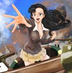 1girl bangs black_eyes black_hair blue_sky blunt_bangs breasts chi-hatan_military_uniform cleavage cloud cloudy_sky collarbone dust_cloud girls_und_panzer ground_vehicle hand_up highres kana_hebi7 long_hair military military_vehicle motor_vehicle nishi_kinuyo open_mouth pleated_skirt skirt sky smile solo tank teeth thighs tongue white_skirt 