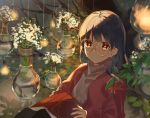  black_hair book brown_eyes flowers glasses long_hair omutatsu original tree 