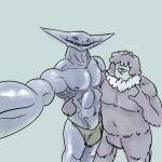  1:1 abs alien anthro belly boris_(theboris) borisalien camera clothed clothing digital_media_(artwork) duo friends gift guayo looking_at_viewer male muscular muscular_male nipples pecs pinup pose simple_background slightly_chubby smile standing 