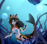  2018 5_fingers anthro black_hair breasts detailed_background domestic_cat felid feline felis female fingers hair hi_res mammal marine merfolk outside sheenny solo underwater water 