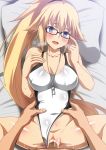  1boy 1girl bangs bare_shoulders blonde_hair blue_eyes blush breasts collarbone covered_navel cum cum_in_pussy fate/grand_order fate_(series) glasses hair_between_eyes hera_(hara0742) hetero high_ponytail highleg highleg_swimsuit highres jeanne_d&#039;arc_(fate)_(all) jeanne_d&#039;arc_(swimsuit_archer) large_breasts long_hair lying missionary on_back one-piece_swimsuit open_mouth penis pillow ponytail pussy sex smile solo_focus spread_legs sweat swimsuit swimsuit_aside thighs vaginal very_long_hair whistle whistle_around_neck white_swimsuit 