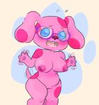  2018 anthro blue&#039;s_clues blue_eyes breasts canid canine canis domestic_dog eyewear female glasses magenta_(blue&#039;s_clues) mammal nickelodeon nipples nude open_mouth pussy simple_background smile solo tailwag vallycuts 