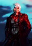 1boy abs black_pants blue_eyes cloud cloudy_sky commentary dante_(devil_may_cry) devil_may_cry devil_may_cry_3 english_commentary facial_hair hands_in_pockets jacket jewelry leather leather_pants long_jacket male_focus manly muscle navel open_clothes open_jacket outdoors pants pectorals pendant red_jacket shirtless short_hair silver_hair sky solo stomach stubble sunset typo_(requiemdusk) 