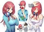  apple apron aqua_eyes breasts candy cleavage dress elbow_gloves food fruit gloves go-toubun_no_hanayome headphones japanese_clothes long_hair male nakano_miku red_hair rusi0_0 sketch uesugi_fuutarou white yukata 