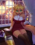  2018 alcohol anthro beverage breasts canid canine chest_tuft cleavage clothed clothing dress female fox hi_res inside legwear looking_at_viewer mammal panties panty_peek panty_shot sheenny sitting smile solo thigh_highs tilki_(vaporjay) tuft underwear upskirt wine 