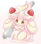  alcremie blush closed_mouth commentary_request cream food fruit full_body gen_8_pokemon gradient gradient_background highres holding holding_spoon looking_at_viewer mono_land no_humans pink_background pink_eyes pokemon pokemon_(creature) pokemon_(game) pokemon_swsh smile spoon strawberry 