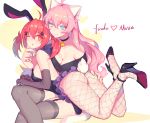  2girls animal_ears aqua_eyes ass ass_grab bell bow breasts bunny_ears bunnygirl catgirl choker cleavage collar cropped elbow_gloves fiodo garter_belt gloves long_hair original pink_hair red_eyes red_hair stockings tail thighhighs twintails vivian_(mvv) wink xiao_me yuri zettai_ryouiki 