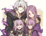  2boys 2girls absurdres ahoge arm_around_shoulder aura bare_shoulders coat family fire_emblem fire_emblem:_the_binding_blade fire_emblem_awakening glowing glowing_eyes green_eyes grima_(fire_emblem) highres hood hood_down idunn_(fire_emblem) lavender_hair long_hair looking_at_viewer morgan_(fire_emblem) morgan_(fire_emblem)_(female) morgan_(fire_emblem)_(male) multiple_boys multiple_girls open_mouth purple_hair red_eyes ritence robin_(fire_emblem) robin_(fire_emblem)_(male) short_hair smile upper_body 