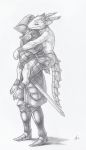  2019 ambiguous_species anklet anthro armor barefoot biped bracelet carrying clothed clothing combat_helmet crestfallenartist duo female graphite_(artwork) headgear helmet hi_res holding_object holding_weapon horn horn_ring jewelry knight kobold loincloth male melee_weapon pencil_(artwork) piggyback scalie side_view signature spikes standing sword topless traditional_media_(artwork) weapon 