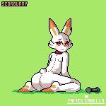  1:1 ambiguous_gender animated anthro barefoot butt fur green_background hi_res james_cabello lagomorph mammal nintendo nude pixelated pok&eacute;mon pok&eacute;mon_(species) presenting presenting_hindquarters scorbunny simple_background smile solo video_games wariza weights white_fur 