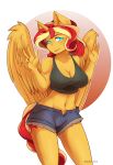  absurd_res anthro breasts clothed clothing cutie_mark equestria_girls equid feathered_wings feathers female hair hakkids2 hi_res horn looking_at_viewer mammal my_little_pony navel solo standing sunset_shimmer_(eg) wide_hips winged_unicorn wings 