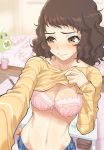  1girl absurdres bed blush bra breasts brown_eyes brown_hair cleavage clothes_lift clover cowboy_shot curling_iron four-leaf_clover groin highres kawakami_sadayo kurosususu looking_away medium_breasts navel persona persona_5 pink_bra self_exposure self_shot solo stomach sweat sweater sweater_lift trash_can underwear 
