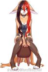  4_toes anthro black_hair blue_eyes clothed clothing collar female fur hair hi_res long_hair looking_at_viewer orange_fur red_hair sheenny sitting solo toes unknown_species white_hair 