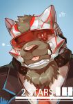  absurd_res anthro blue_background brown_fur clothed clothing cybernetics cyborg eyewear felid feline fire_mobster fur hi_res machine male mammal mowang_yu necktie simple_background solo tokyo_afterschool_summoners tongue tongue_out tusks video_games 