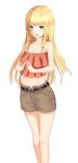  1girl bangs bare_arms bare_shoulders belt black_belt blonde_hair blue_eyes breasts cleavage collarbone eyebrows_visible_through_hair feet_out_of_frame highres long_hair looking_at_viewer midriff navel open_fly orange_shirt original shands shirt shorts simple_background solo white_background 