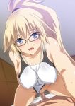  1boy 1girl bangs bare_shoulders blonde_hair blue_eyes blush breasts collarbone cowgirl_position erection fate/grand_order fate_(series) girl_on_top glasses hair_between_eyes hera_(hara0742) hetero high_ponytail highleg highleg_swimsuit highres jeanne_d&#039;arc_(fate)_(all) jeanne_d&#039;arc_(swimsuit_archer) large_breasts leaning_forward long_hair one-piece_swimsuit open_mouth penis ponytail sex smile solo_focus straddling sweat swimsuit swimsuit_aside thighs vaginal very_long_hair whistle whistle_around_neck white_swimsuit 