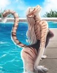  2019 5_fingers anthro blonde_hair clothed clothing day detailed_background felid female fingers fur hair mammal outside pantherine smile solo spots spotted_fur tiger water wet yasmil 