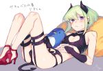  1boy black_gloves blonde_hair blush bra crossdressing demon_tail demon_wings disgaea earrings gloves green_hair half_gloves horns jewelry lio_fotia looking_at_viewer male_focus moegi0926 navel otoko_no_ko panties pillow promare purple_eyes solo tail underwear wings 