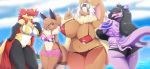  anthro anthrofied butt canid canine clothing delphox detailed_background eevee fan_character female front_view looking_back lopunny mammal metaljaw75 nintendo pok&eacute;mon pok&eacute;mon_(species) rear_view reptile salazzle scalie standing swimwear video_games 