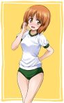  1girl arm_behind_back bangs blush brown_eyes brown_hair commentary cowboy_shot eyebrows_visible_through_hair girls_und_panzer green_buruma gym_shirt gym_uniform hand_in_hair highres ken_(haresaku) looking_at_viewer nishizumi_miho open_mouth shirt short_hair short_sleeves smile solo standing t-shirt thigh_gap white_shirt yellow_background 