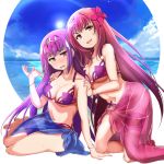  2girls alternate_costume bikini blue_sky blush bracelet breasts cleavage cloud cloudy_sky fanning_self fate/grand_order fate_(series) flower grimjin hair_flower hair_intakes hair_ornament headpiece highres jewelry kneeling large_breasts leg_garter legs_together looking_at_viewer multiple_girls navel ocean open_mouth pink_bikini purple_bikini purple_hair purple_sarong red_eyes sarong scathach_(fate)_(all) scathach_(swimsuit_assassin)_(fate) scathach_skadi_(fate/grand_order) sky swimsuit tiara 