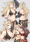  2girls arms_up black_dress blonde_hair brown_hair chain dancer dress expressionless feathers gebyy-terar gold_chain green_eyes h&#039;aanit_(octopath_traveler) highres holding_hands multiple_girls multiple_views no_bangs octopath_traveler ponytail primrose_azelhart red_dress to_be_continued yuri 