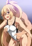  1boy 1girl bangs bare_shoulders blonde_hair blue_eyes blush breast_grab breasts collarbone fate/grand_order fate_(series) glasses grabbing hair_between_eyes hera_(hara0742) hetero high_ponytail highleg highleg_swimsuit highres jeanne_d&#039;arc_(fate)_(all) jeanne_d&#039;arc_(swimsuit_archer) large_breasts long_hair one-piece_swimsuit one_eye_closed open_mouth penis ponytail pussy_juice sex smile solo_focus sweat swimsuit swimsuit_aside thighs very_long_hair white_swimsuit 