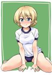  1girl arm_support bangs barefoot blonde_hair blue_buruma blue_eyes blush braid buruma closed_mouth commentary darjeeling eyebrows_visible_through_hair girls_und_panzer green_background gym_shirt gym_uniform ken_(haresaku) leaning_forward looking_at_viewer shirt short_hair short_sleeves sitting smile solo t-shirt tied_hair twin_braids white_shirt 