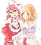  2girls ahoge aki_rosenthal angry armpits bare_shoulders belt blonde_hair breasts cleavage cleavage_cutout flower green_eyes hair_ornament hairclip highres hololive multiple_girls nontraditional_miko ogura_toast open_mouth petals pink_hair purple_eyes sakura_miko side_ponytail tagme thighhighs thighs virtual_youtuber zettai_ryouiki 