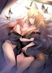  2girls animal animal_ear_fluff animal_ears bare_legs bare_shoulders bird black_kimono blonde_hair breasts cleavage closed_eyes collarbone floral_print fox_ears fox_tail japanese_clothes kimono large_breasts long_hair lying multiple_girls no_bra no_panties off_shoulder original parted_lips pillow pink_hair sleeping tail tatami thighs usagihime 