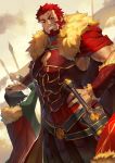  2boys armor beard black_hair bracer cape facial_hair fate/grand_order fate/zero fate_(series) fur-trimmed_cape fur_trim grin hand_on_hip highres male_focus multiple_boys petting red_hair rider_(fate/zero) smile sukocchi sword waver_velvet weapon 