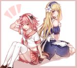  2boys :d alternate_costume apron astolfo_(fate) black_bow blonde_hair blue_eyes blue_hairband blue_sleeves blush bow braid brown_footwear chevalier_d&#039;eon_(fate/grand_order) clenched_teeth collarbone detached_sleeves embarrassed enmaided eyebrows_visible_through_hair fang fate/grand_order fate_(series) floating_hair flower frilled_apron frills hair_between_eyes hair_bow hair_flower hair_intakes hair_ornament hairband loafers long_hair looking_back maid midriff miniskirt miyuzu multiple_boys open_mouth otoko_no_ko pink_hair pink_neckwear pink_sailor_collar pink_skirt pleated_skirt red_eyes sailor_collar school_uniform serafuku shiny shiny_hair shirt shoes short_sleeves simple_background single_braid skirt smile stomach straight_hair sweatdrop teeth thighhighs very_long_hair w white_apron white_background white_bow white_flower white_legwear white_shirt wrist_cuffs zettai_ryouiki 