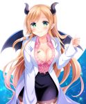  1girl bat_tattoo blush breasts cleavage collarbone commentary_request demon_wings green_eyes hololive horns labcoat large_breasts long_hair looking_at_viewer pointy_ears shizuki_aya simple_background smile solo virtual_youtuber wings yuzuki_choco 