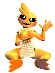  2019 3d_(artwork) animatronic anthro avian bird breasts covering covering_crotch digital_media_(artwork) female five_nights_at_freddy&#039;s five_nights_at_freddy&#039;s_2 hi_res looking_at_viewer machine nipples open_mouth robot smile solo teeth thebunwiththescarf toy_chica_(fnaf) video_games 
