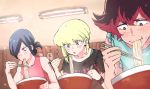  3boys blonde_hair blue_hair blush bowl casual chopsticks earrings eating food gueira hair_over_one_eye hair_up highres holding holding_chopsticks jewelry kannoiimituhiko lio_fotia long_hair mad_burnish male_focus meis_(promare) multiple_boys noodles open_mouth ponytail promare ramen red_hair smile steam table 