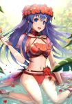  1girl bikini blue_eyes blue_hair blush fire_emblem fire_emblem:_the_binding_blade fire_emblem_heroes flower gloves gonzarez hair_flower hair_ornament hat headband highres lilina looking_at_viewer navel smile solo swimsuit water 