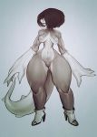  2019 anthro areola armwear big_hands breasts clothing derek_hetrick elbow_gloves female fish footwear gloves hair hair_over_eyes handwear hi_res high_heels hourglass mammal marine mostly_nude navel non-mammal_breasts pussy shark sharp_teeth shoes short_hair smile solo standing teeth thick_thighs wide_hips 