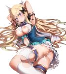  1girl areolae armpits arms_behind_head ascot bangs black_bow blonde_hair blue_eyes blush bow breasts capelet clenched_teeth cum cum_in_pussy dress elf eyebrows_visible_through_hair frills gloves hair_bow hair_ornament highres large_breasts long_hair looking_at_viewer multicolored multicolored_clothes multicolored_dress navel nipples overflow pointy_ears princess_connect! princess_connect!_re:dive pussy restrained sasaki_saren short_sleeves simple_background skindentation solo suisui_(hakkindou) sweat teeth thighhighs torn_clothes torn_dress very_long_hair white_background white_legwear 