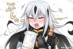  +++ 1girl :d alcohol artist_name bangs beer beer_mug black_gloves black_hair black_jacket blush closed_eyes commentary_request cup emphasis_lines eyebrows_visible_through_hair fang fate/grand_order fate_(series) foam food gloves grey_hair hair_between_eyes heart heart_in_mouth highres holding holding_cup holding_food jacket long_hair mug multicolored_hair nagao_kagetora_(fate) neon-tetora nose_blush open_mouth simple_background smile solo translation_request two-tone_hair very_long_hair white_background 