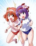  2girls bell blue_buruma buruma clenched_hands flower gym_uniform hair_flower hair_ornament headband hieda_no_akyuu jingle_bell kneehighs kousei_(public_planet) motoori_kosuzu multiple_girls open_mouth orange_hair purple_eyes purple_hair racing red_buruma running shirt shoes short_hair shouting simple_background touhou two_side_up white_background white_legwear white_shirt 