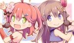  2girls ahoge back-to-back bare_back bare_shoulders blue_eyes brown_hair flower green_eyes hair_ornament hairclip hololive kuro_(kuroneko_no_kanzume) long_hair microphone multiple_girls nontraditional_miko pink_hair sakura_miko side_ponytail sparkling_eyes star symbol-shaped_pupils tagme tokino_sora virtual_youtuber 