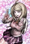  1girl ;d ahoge akamatsu_kaede arm_behind_back bangs blonde_hair collared_shirt danganronpa dgrp_(minhduc12333) highres long_hair long_sleeves looking_at_viewer miniskirt musical_note musical_note_print new_danganronpa_v3 official_style one_eye_closed open_mouth orange_neckwear pink_eyes pink_sweater pleated_skirt print_skirt purple_skirt shiny shiny_hair shirt skirt smile solo standing sweater sweater_vest swept_bangs w white_shirt wing_collar 