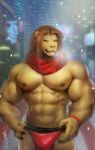  2019 5_fingers abs armband biceps big_muscles breathing brown_eyes brown_mane brown_nipples bulge city claws clothed clothing dalluwn felid fingers front_view fur half-length_portrait hand_on_hip hands_on_hips lion looking_at_viewer male mammal mane mane_hair muscular muscular_male navel nipples obliques open_mouth pantherine pecs pinup portrait pose scarf sharp_claws skimpy snow solo teeth topless triceps underwear yellow_fur 
