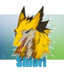  2019 absurd_res anthro blue_eyes brown_fur character_name digital_media_(artwork) egsaku front_view fur gradient_background grey_fur headshot_portrait hi_res long_tongue looking_at_viewer male multicolored_fur name_badge open_mouth pink_tongue portrait sergal shiori_(anklav) simple_background slit_pupils solo teeth tongue tongue_out yellow_fur 