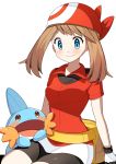  1girl bike_shorts black_shorts blue_eyes blush brown_hair closed_mouth collared_jacket gen_3_pokemon gloves haruka_(pokemon) highres jacket long_hair miniskirt mudkip pokemon pokemon_(creature) pokemon_(game) pokemon_rse print_bandana red_bandana red_jacket short_shorts short_sleeves shorts shorts_under_skirt sitting skirt smile solo twintails white_skirt wing_collar yuihiko 