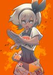  1girl absurdres bodysuit_under_clothes clenched_hand covered_navel cowboy_shot dark_skin eyebrows_visible_through_hair fighting_stance hair_between_eyes hairband highres looking_at_viewer mushiki_k open_mouth orange_background pokemon pokemon_(game) pokemon_swsh saitou_(pokemon) shirt short_hair short_shorts short_sleeves shorts silver_eyes silver_hair simple_background solo wind 