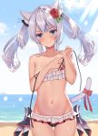  1girl animal_ears ass_visible_through_thighs azur_lane bangs bare_shoulders beach bikini blue_eyes blush breasts cat_ears cat_tail collarbone commentary_request covering covering_breasts cowboy_shot day eyebrows_visible_through_hair flower frilled_bikini frills frown hair_flower hair_ornament hammann_(azur_lane) highres izumo_neru looking_at_viewer medium_hair navel ocean outdoors ribbon small_breasts solo standing stomach strap_slip swimsuit tail tail_ribbon tan tanline thigh_gap twintails water water_drop white_hair 
