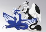  2019 5_fingers absurd_res anthro black_fur blue_eyes blue_scales breasts digital_media_(artwork) dragon duo feathered_dragon feathered_wings feathers female fingers fur furred_dragon hair hi_res kyotoleopard male non-mammal_breasts scales scalie simple_background sitting smile western_dragon white_feathers white_hair wings 