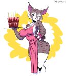  2019 apron apron_only breasts cake candle cleavage clothed clothing felid feline female food green_eyes hi_res holding_object legwear looking_at_viewer lynx mammal mostly_nude nipple_outline plate sem-l-grim side_boob simple_background solo standing stockings thick_thighs wide_hips zeha 